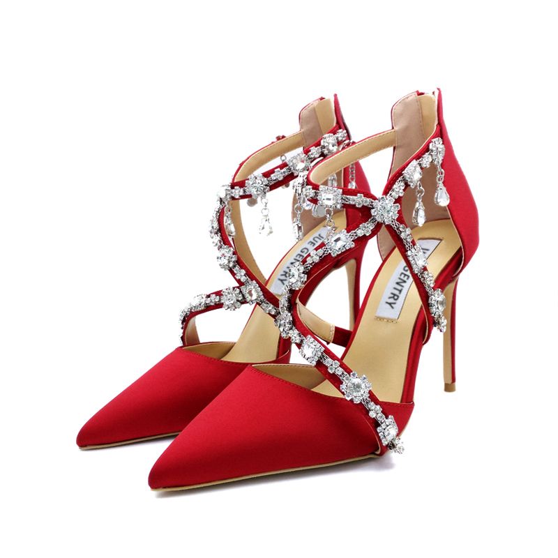 Myrde molekyle Håbefuld Sexy Red Evening Party Rhinestone Silk Satin Womens Sandals 2021 X-Strap 8  cm Stiletto Heels Pointed Toe Sandals High Heels