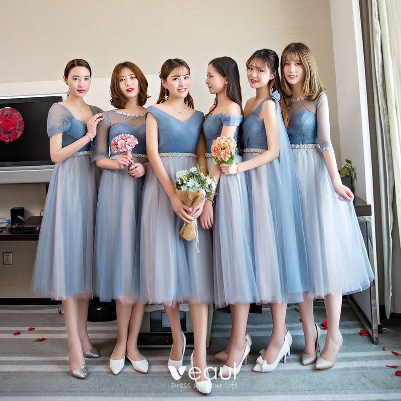 Chic / Beautiful Blue Dresses 2018 A-Line / Princess Rhinestone Tea-length Backless Wedding Party Dresses