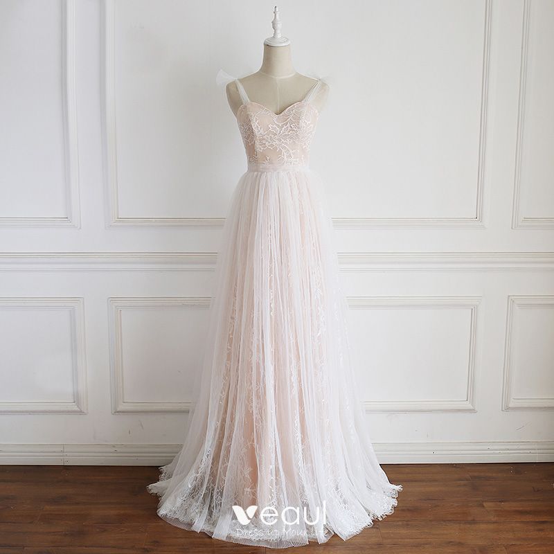 Charming Champagne Wedding Dresses 2020 A-Line / Princess Spaghetti ...