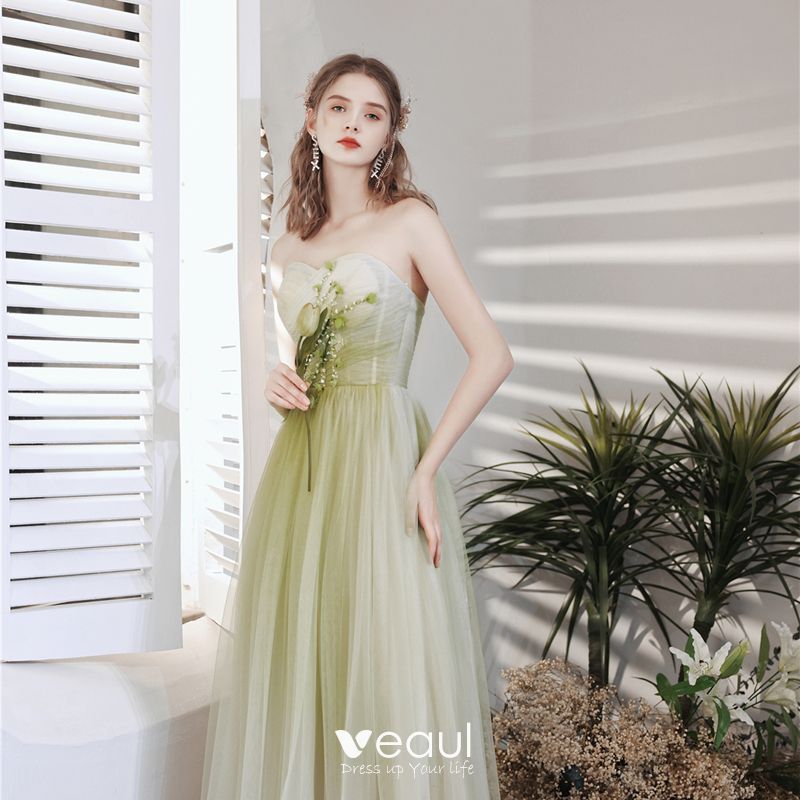 Chic / Beautiful Green Prom Dresses 2021 A-Line / Princess Strapless ...