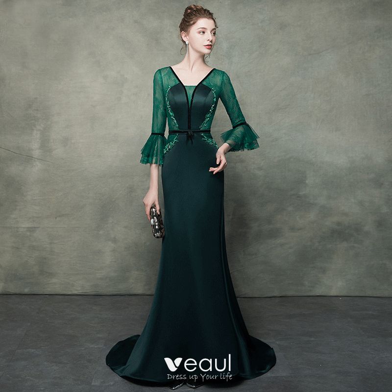 Elegant Dark Green See-through Evening Dresses 2019 Trumpet / Mermaid V ...