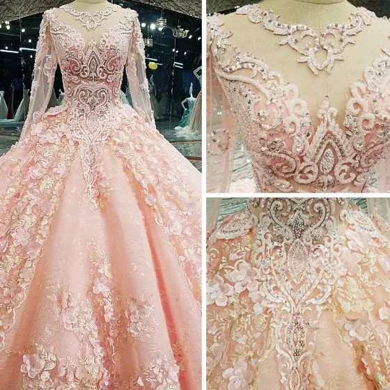 Luxury / Gorgeous Pearl Pink Wedding Dresses 2018 Ball Gown Lace Flower ...