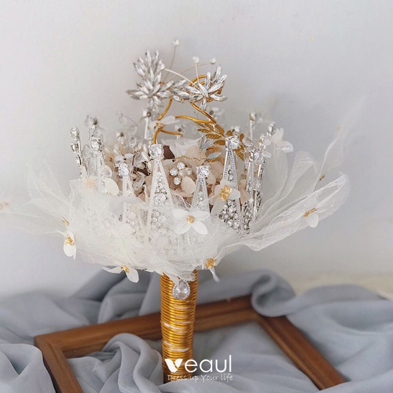 Chic / Beautiful White Champagne Wedding Flowers 2020 Metal Braid ...