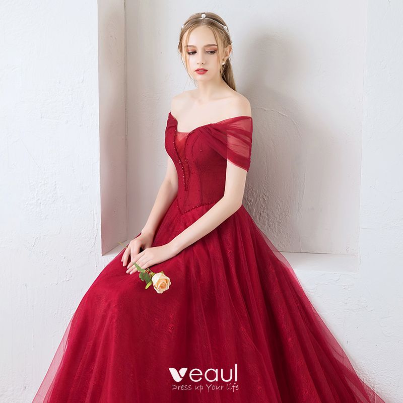 Elegant Burgundy Prom Dresses 2019 A-Line / Princess Off-The-Shoulder ...