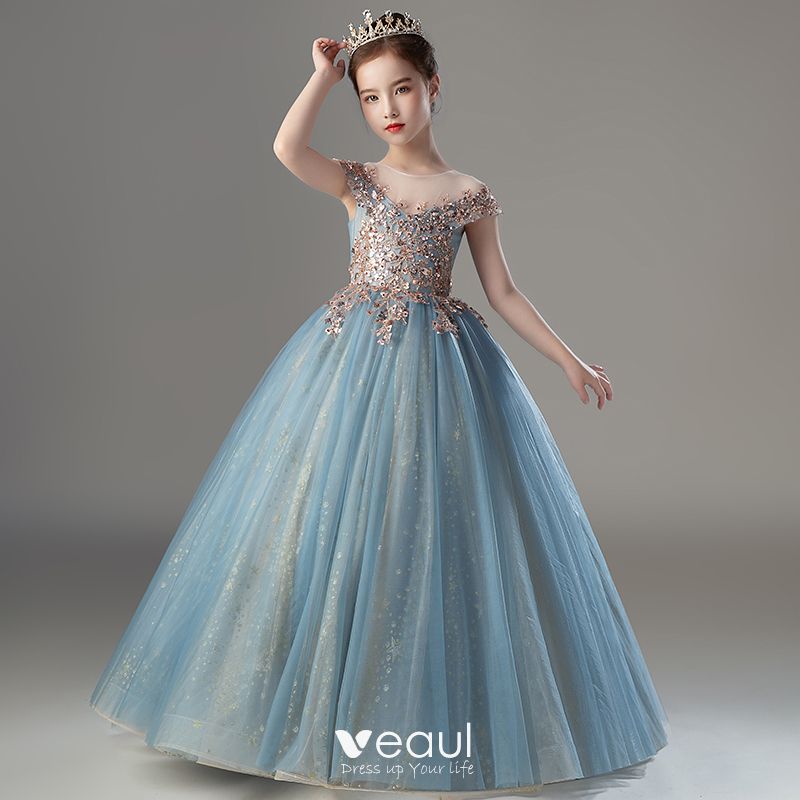 Chic Beautiful Sky Blue Birthday Flower Girl Dresses 2022 Ball Gown High  Neck Beading