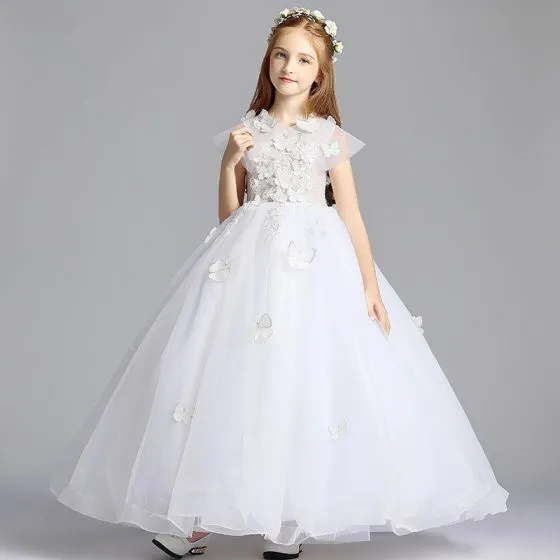 Magistrado recinto Cirugía Classy White Flower Girl Dresses 2019 A-Line / Princess V-Neck Sleeveless  Butterfly Appliques Lace Pearl