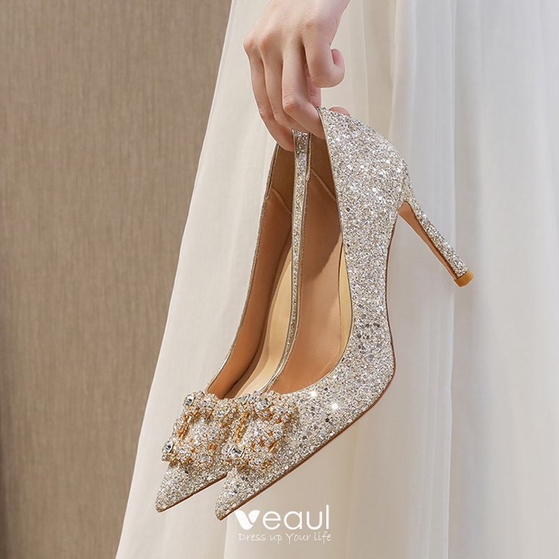 Sparkly Gold Rhinestone Sequins Wedding Shoes 2020 Leather 8 cm ...