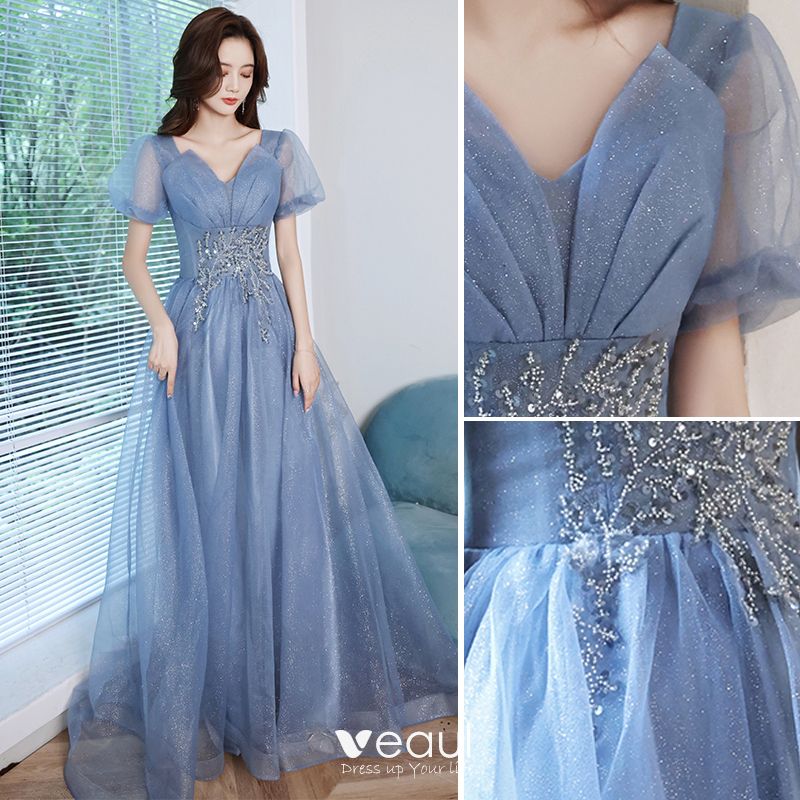 Elegant Ocean Blue Prom Dresses 2021 A-Line / Princess V-Neck Beading ...