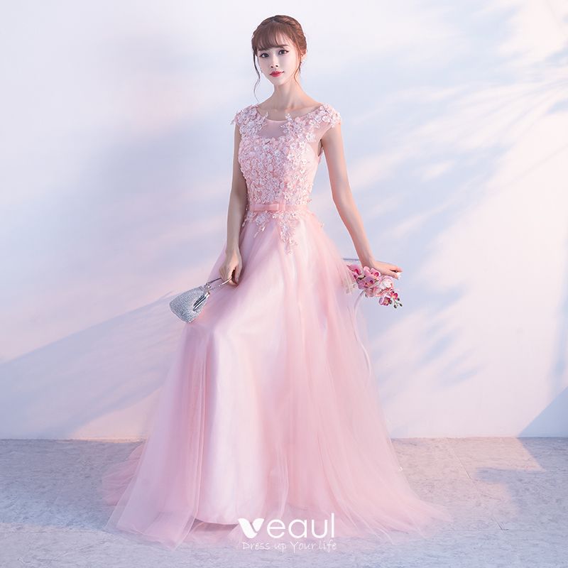 Elegant Blushing Pink Evening Dresses 2018 A-Line / Princess Sequins ...