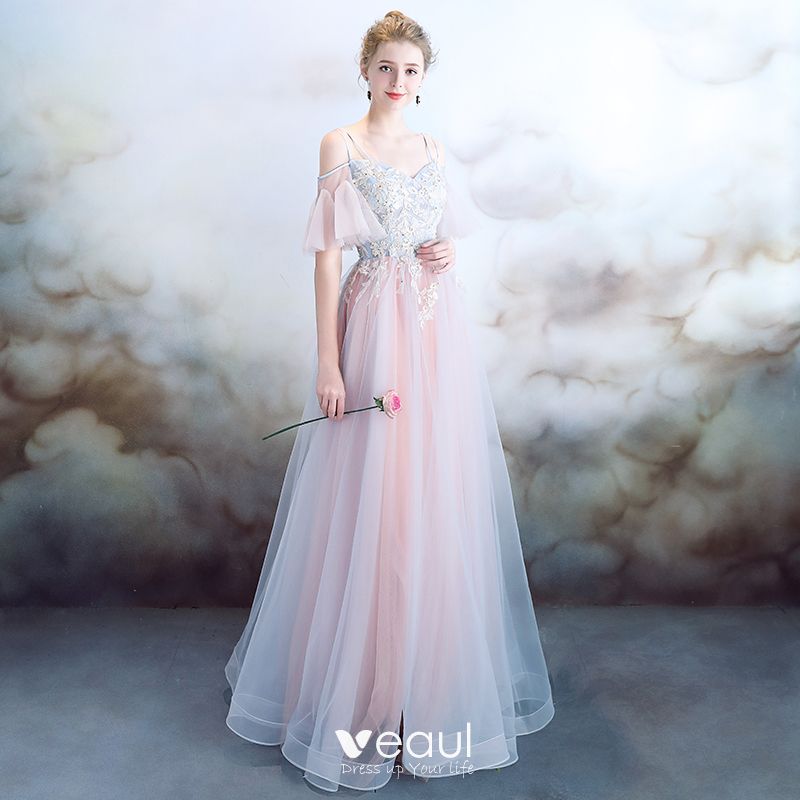 Elegant Sky Blue Pearl Pink Evening Dresses 2018 A-Line / Princess ...