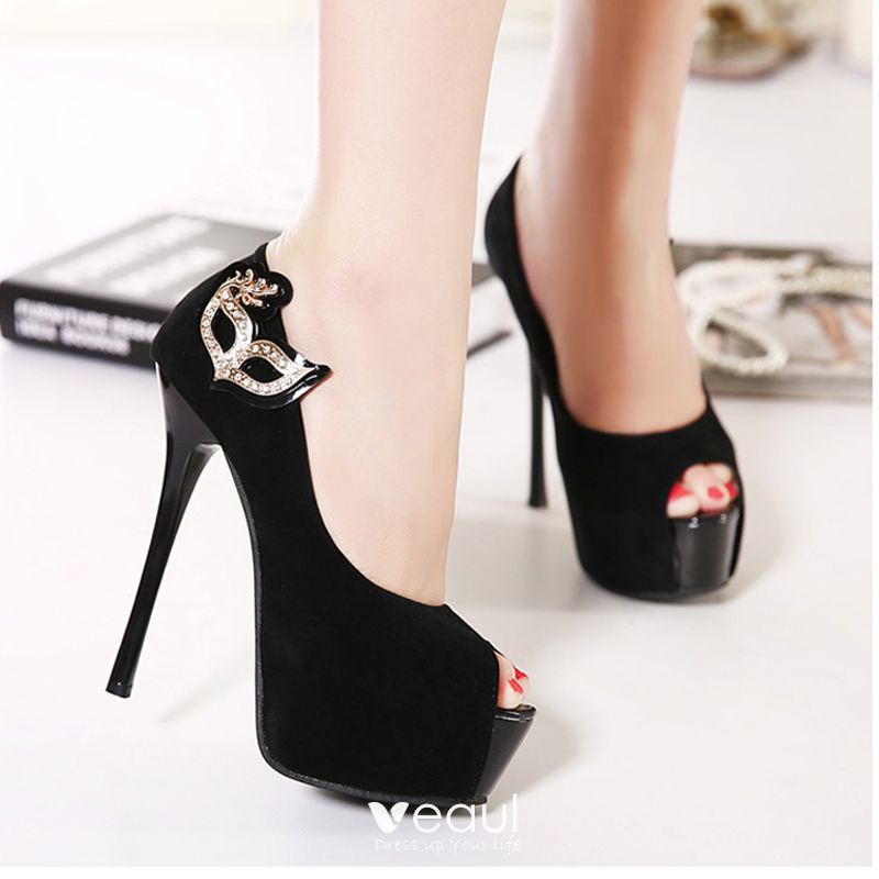 Chic / Beautiful Black 2017 PU Round Toe 14 cm Stiletto Heels Beading ...