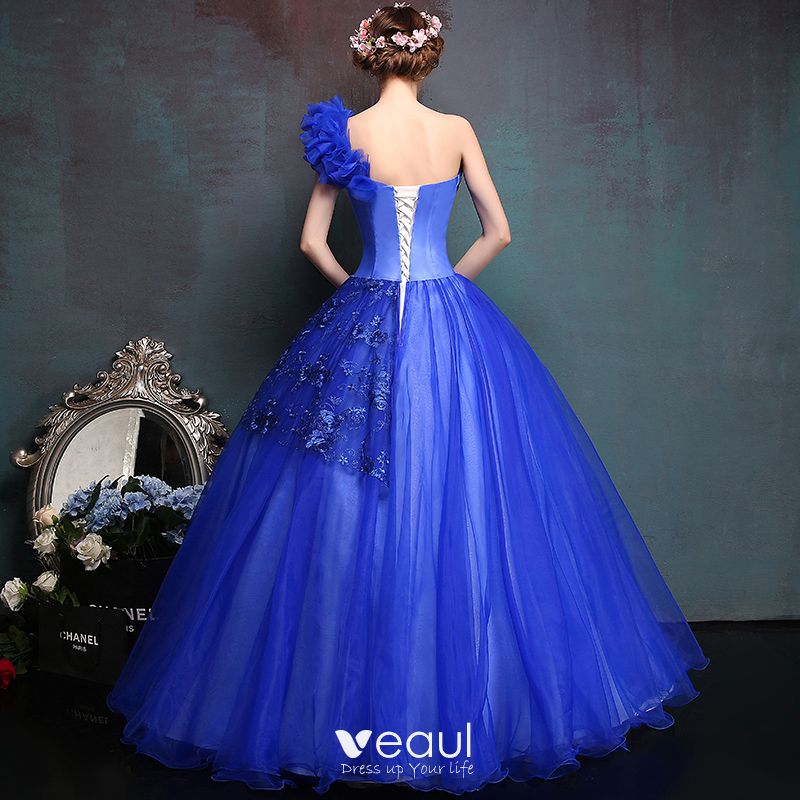 Affordable Royal Blue Prom Dresses 2017 Tulle One-Shoulder Ball Gown  Appliques Backless Beading Prom Formal Dresses