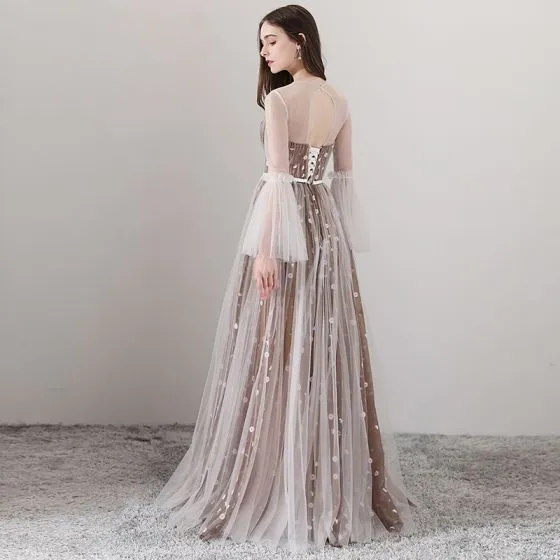 Elegant Brown See-through Evening Dresses 2018 A-Line / Princess Scoop ...