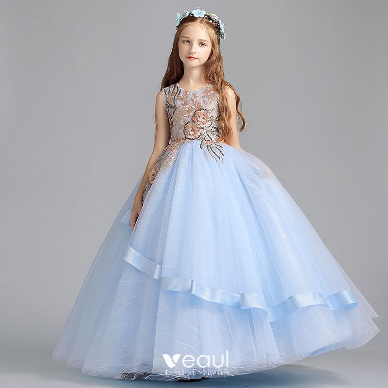 Chic / Beautiful Sky Blue Flower Girl Dresses 2019 A-Line / Princess ...