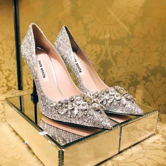 Sparkly Silver Wedding Shoes 2018 Glitter Rhinestone Sequins 8 cm ...