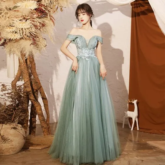 Elegant Sage Green Dancing Prom Dresses 2020 A-Line / Princess Off-The ...