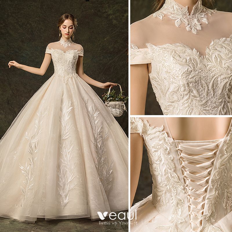 Elegant Champagne Wedding Dresses 2019 A-Line / Princess High Neck ...
