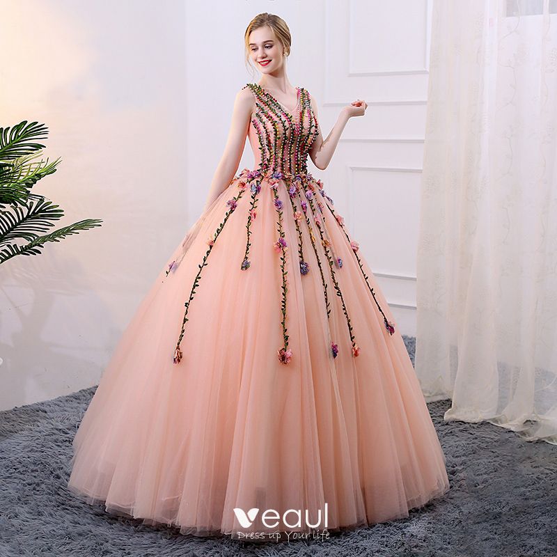 Flower Fairy Pearl Pink Prom Dresses 2018 Ball Gown Appliques Pearl V ...