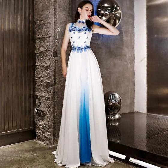 Chinese style Ivory Evening Dresses 2019 A-Line / Princess Organza Appliques Rhinestone Neck Sleeveless