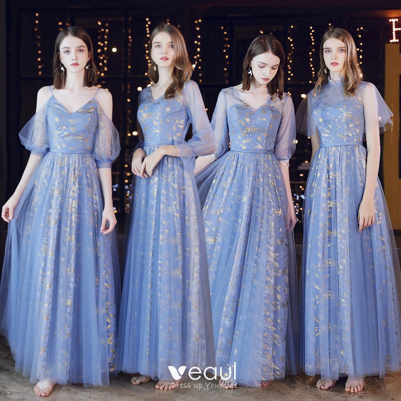 Affordable Ocean Blue See-through Bridesmaid Dresses 2020 A-Line Princess  Backless Tulle