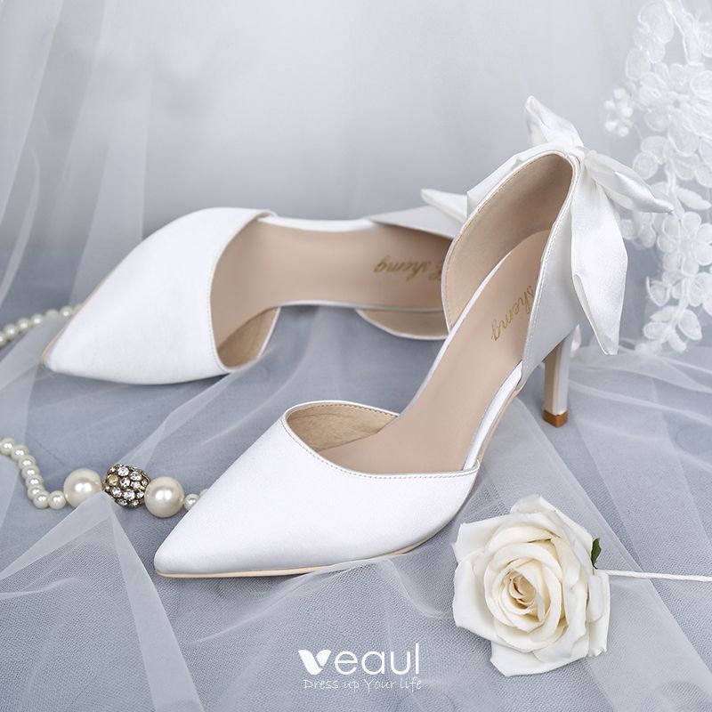 Elegant White Wedding Shoes 2019 Leather Satin 8 cm Stiletto Heels Pointed Toe Wedding Pumps