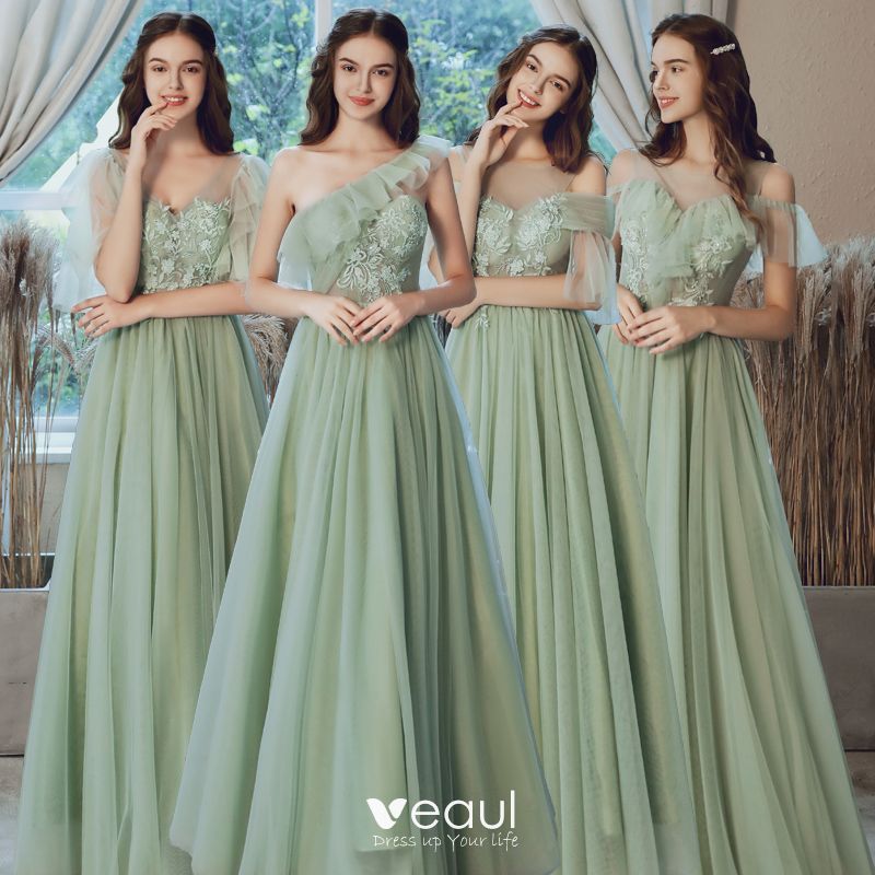 Affordable Sage Green See Through Bridesmaid Dresses 2020 A Line Princess Backless Appliques Lace Floor Length Long Ruffle 800x800 