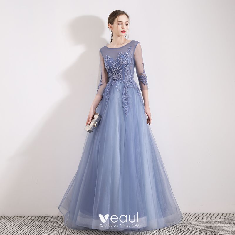 Chic / Beautiful Sky Blue Evening Dresses 2019 A-Line / Princess Scoop ...