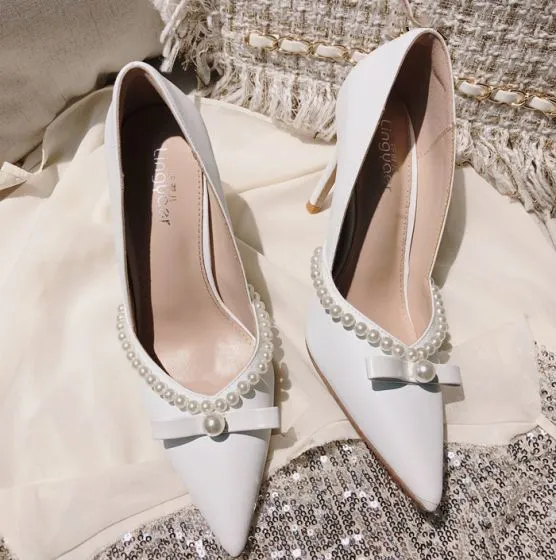 Elegant Modest / Simple White Pearl Bow Wedding Shoes 2020 7 cm ...