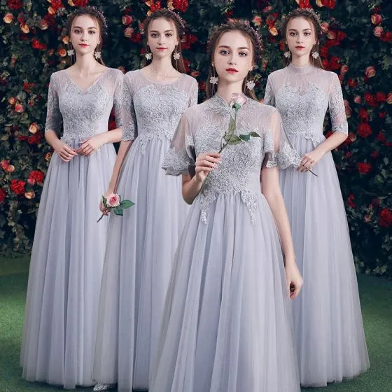 Chic / Beautiful Grey See-through Bridesmaid Dresses 2019 A-Line ...