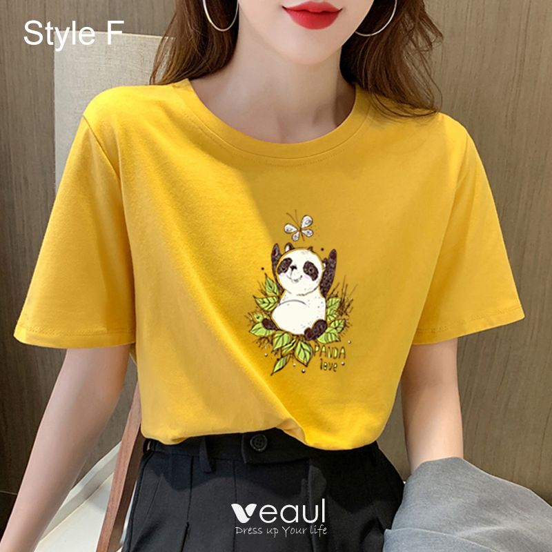 Casual Summer Yellow Loose Cartoon Printing T-Shirts 2021 Cotton Scoop Neck  Short Sleeve Women's Tops