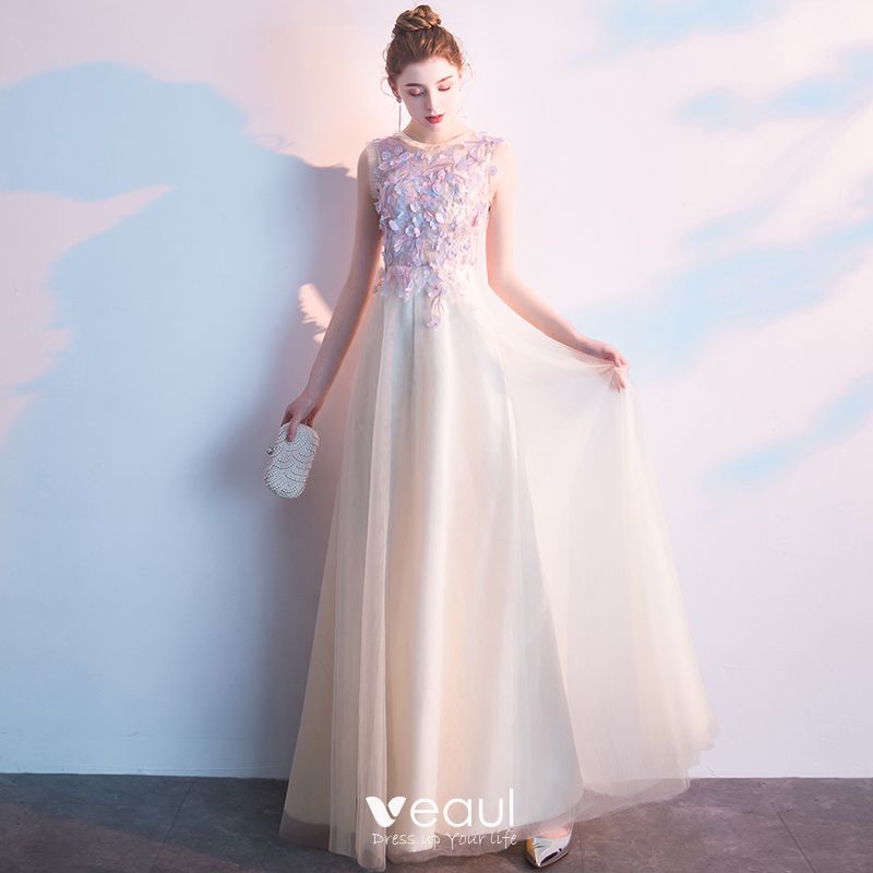 Elegant Champagne Prom Dresses 2019 A-Line / Princess Scoop Neck ...