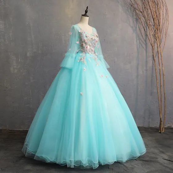 Chic / Beautiful Jade Green Prom Dresses 2019 A-Line / Princess V-Neck ...