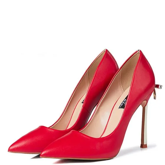 Modest / Simple Red Evening Party Pumps 2020 Leather Bow 12 cm Stiletto  Heels Pointed Toe Pumps