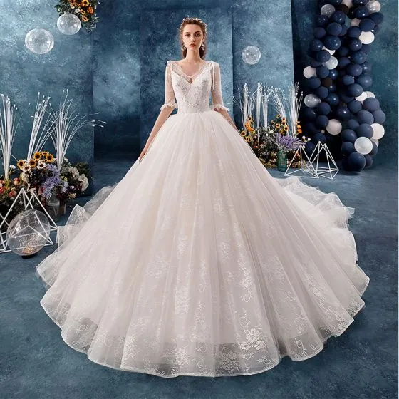 Charming Ivory Wedding Dresses 2019 Ball Gown V-Neck Bow Lace Flower 1/ ...