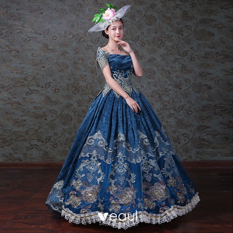Vintage / Retro Medieval Ink Blue Ball Gown Prom Dresses 2021 Strapless ...