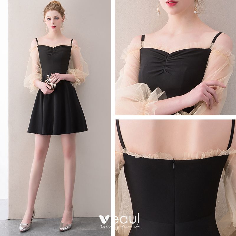 Modern Fashion Black Short Graduation Dresses 18 A Line Princess Spaghetti Straps Backless Charmeuse Homecoming Formal