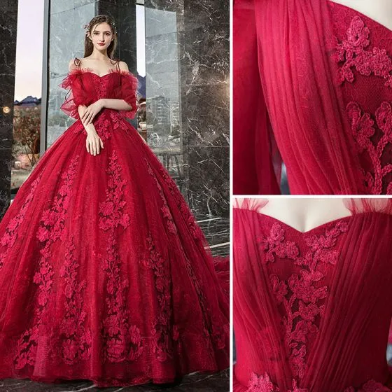 Classy Red Ruffle Wedding Dresses 2019 Ball Gown Spaghetti Straps Lace ...