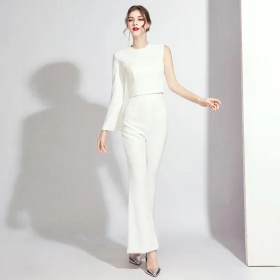 Modest / Simple White Jumpsuit 2020 One-Shoulder Long Sleeve Floor ...