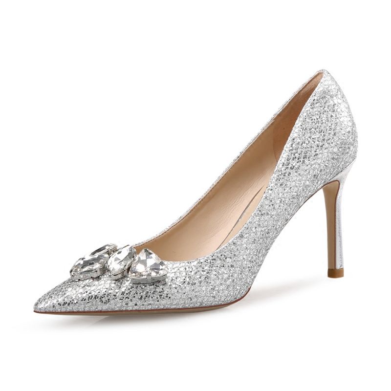 Sparkly Silver Cinderella Wedding Shoes 2018 Crystal Rhinestone Leather  Pointed Toe High
