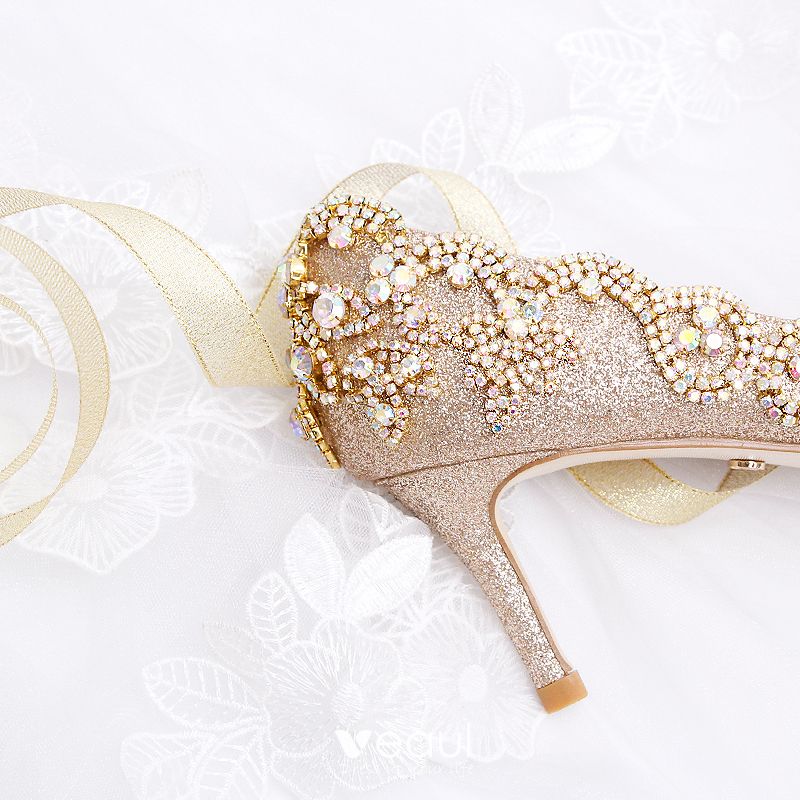 LingxiaUne Gold Sparkly Rhinestone Heels,Gold Leather