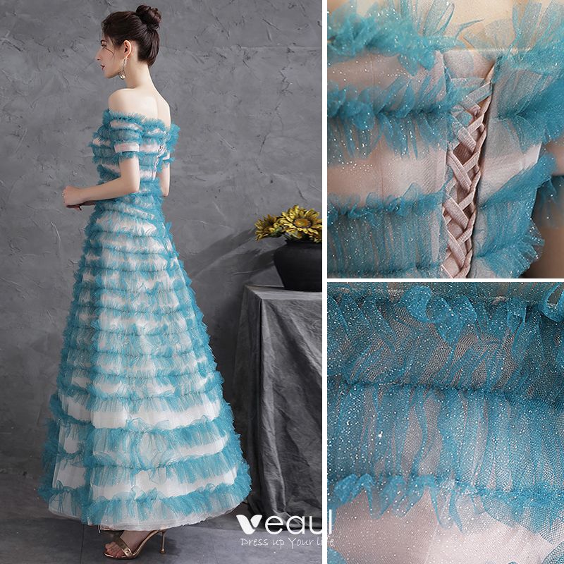 Chic / Beautiful Jade Green Glitter Ruffle Prom Dresses 2021 A-Line ...