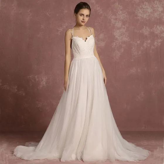 Beach Wedding Dresses Spaghetti Strap Train