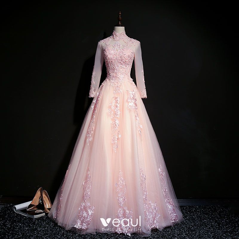 long sleeve pink ball gown