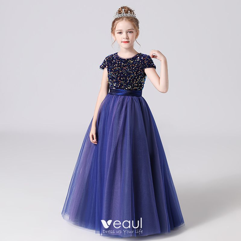 Fashion Navy Blue Birthday Flower Girl Dresses 2021 A-Line / Princess ...