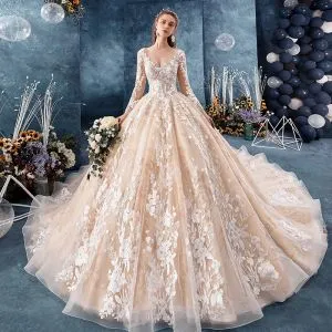 Romantic Champagne See-through Wedding Dresses 2019 Ball Gown V-Neck Long Sleeve Backless Appliques Lace Beading Glitter Tulle Chapel Train Ruffle