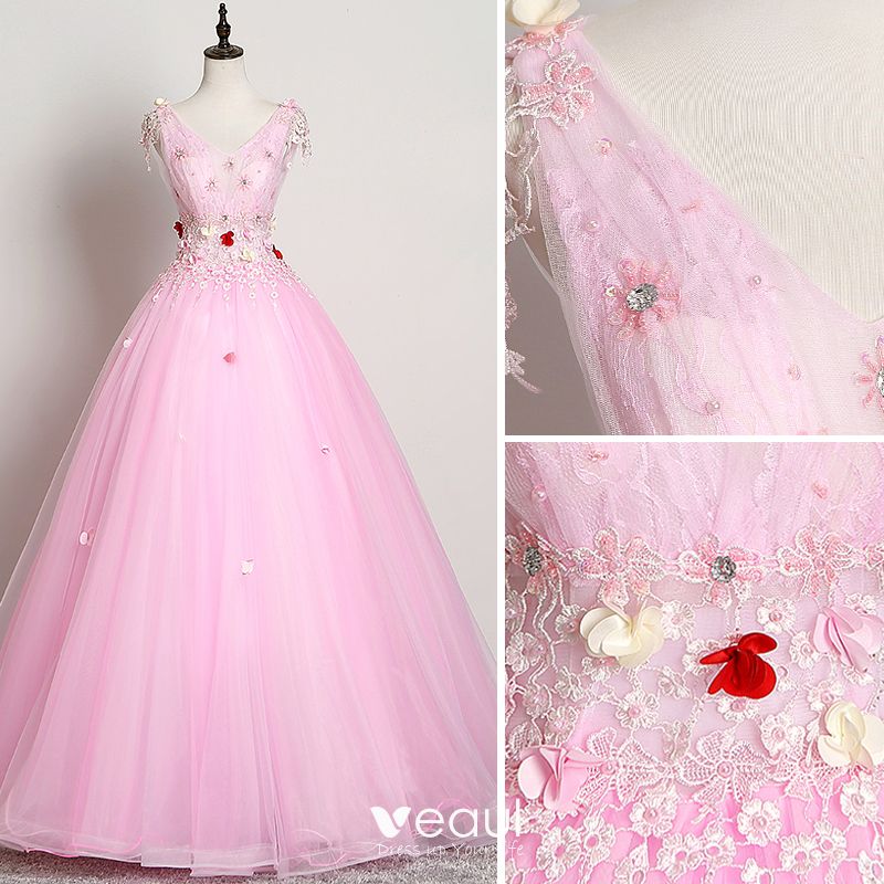 Elegant Candy Pink Prom Dresses 2019 A-Line / Princess V-Neck Flower ...