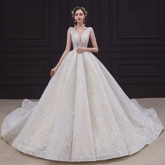 Elegant Champagne Bridal Wedding Dresses 2020 Ball Gown Deep V-Neck ...