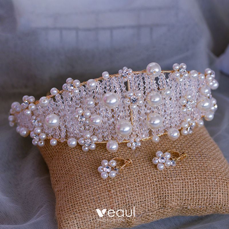 Chic / Beautiful Gold Bridal Hair Accessories 2020 Metal Crystal Pearl ...