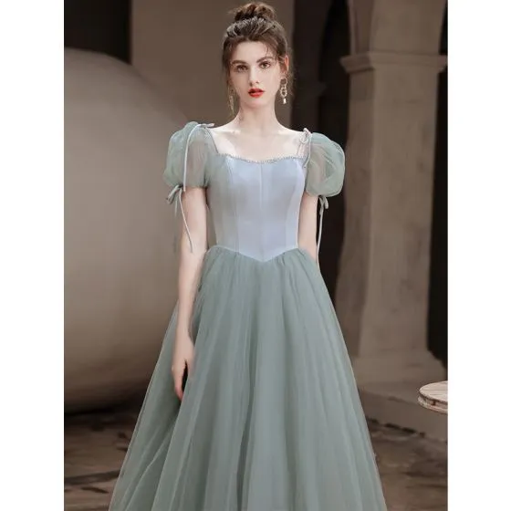 Fashion Sage Green Prom Dresses 2021 A-Line / Princess Square Neckline ...