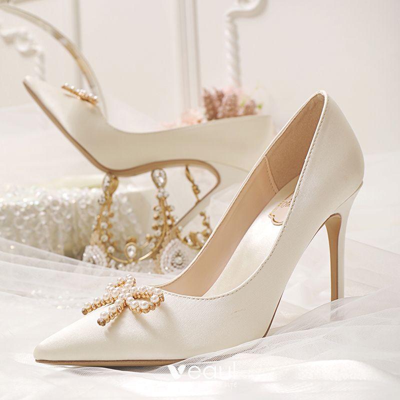Elegant Beige Satin Wedding Shoes 2020 Pearl Rhinestone Bow 10 cm ...